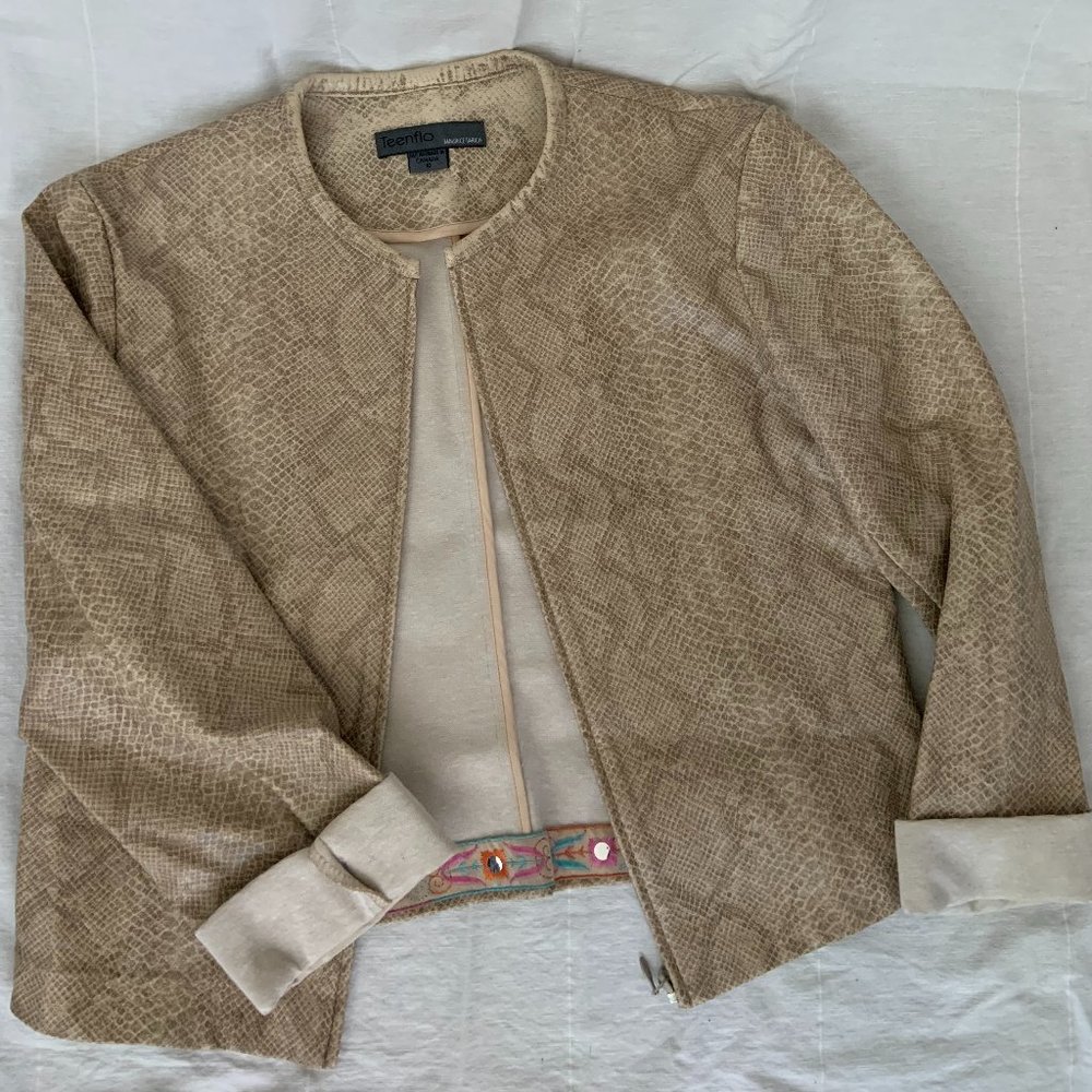 Vintage 90's Beige Snake Skin Look Zip Up Jacket with fun bottom detailing